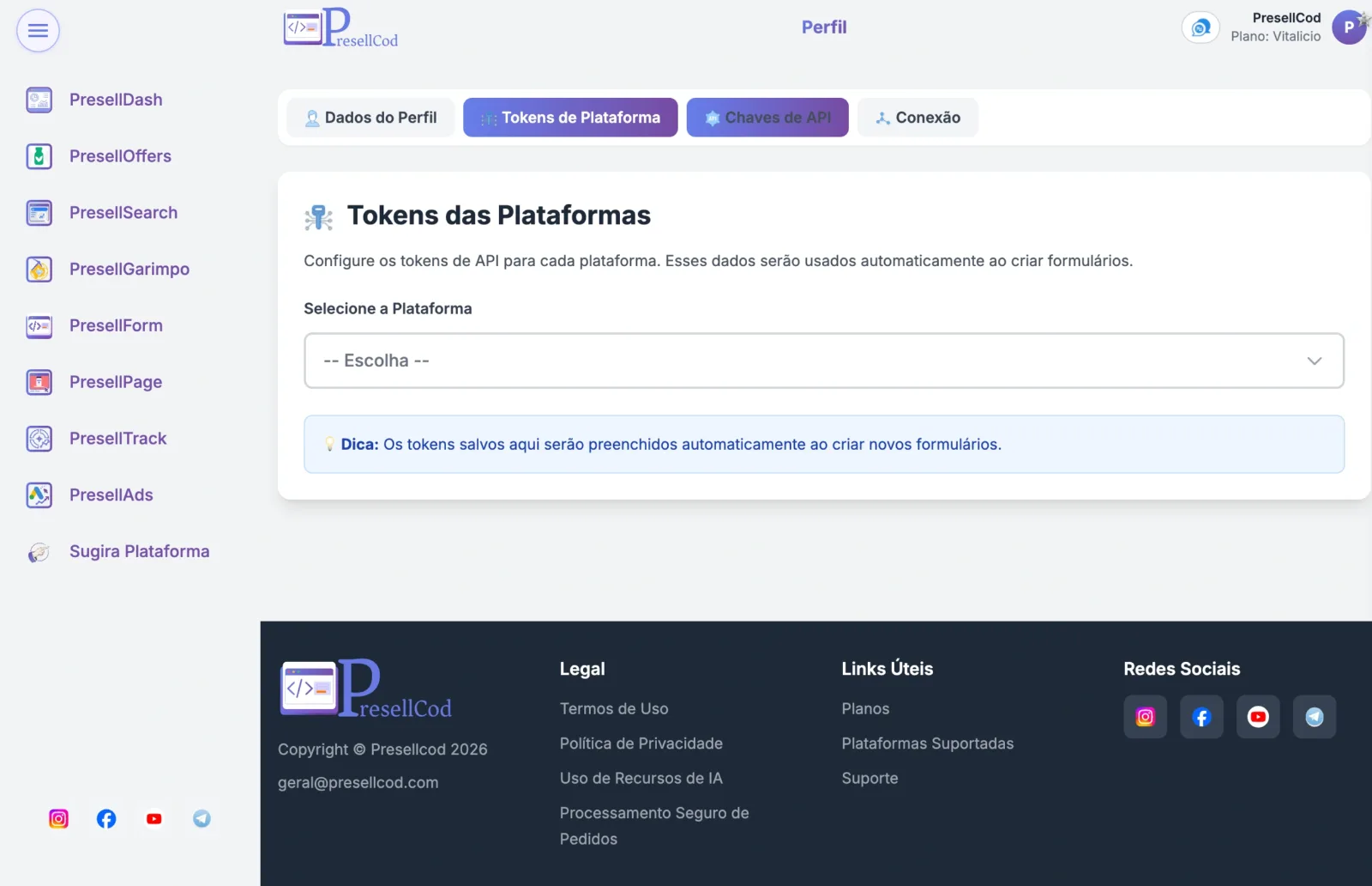 Tela de tokens das plataformas no perfil