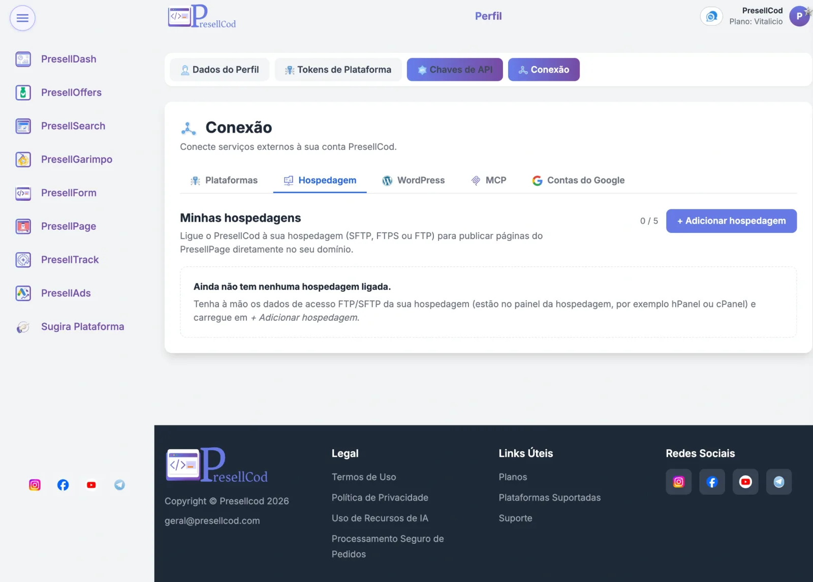 Tela para adicionar hospedagem por FTP