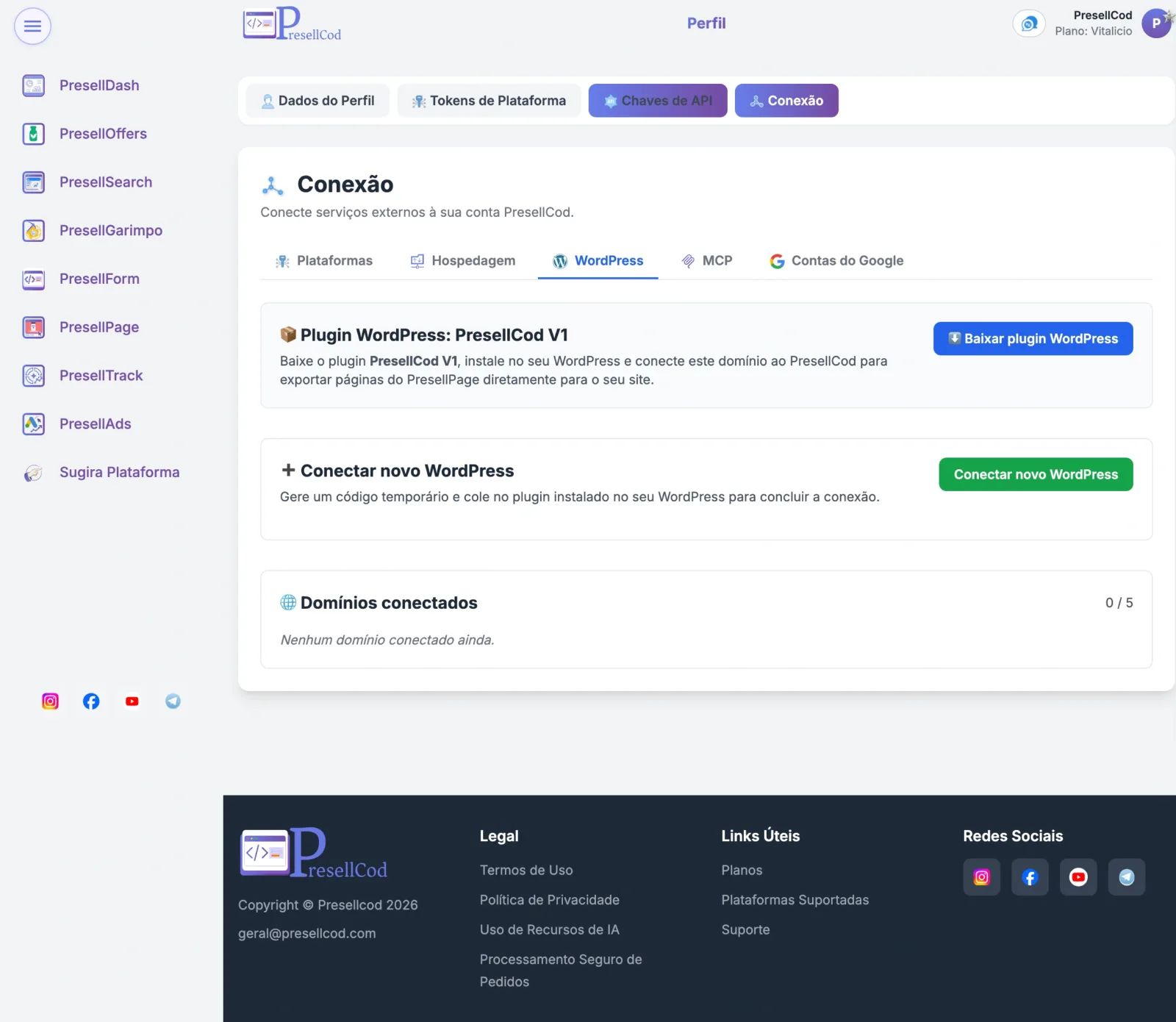 Tela de conexão do Plugin PresellCod para WordPress