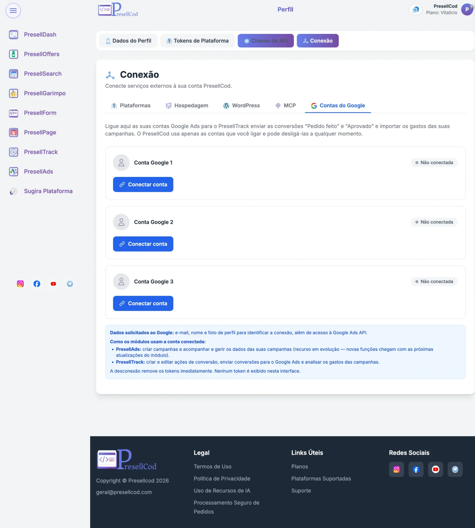Tela para conectar até três contas Google Ads ao PresellTrack