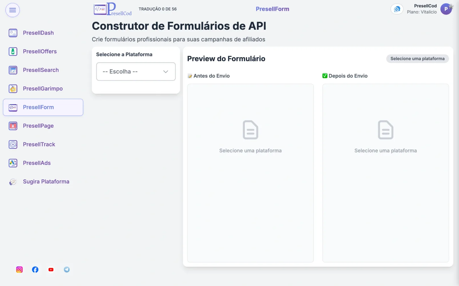 Construtor de Formulários de API: seleção da plataforma e preview antes e depois do envio