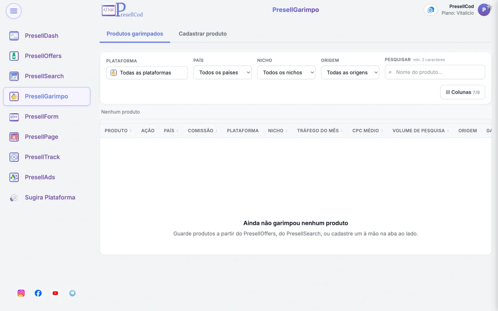 Lista de produtos garimpados com filtros por plataforma, país, nicho e origem