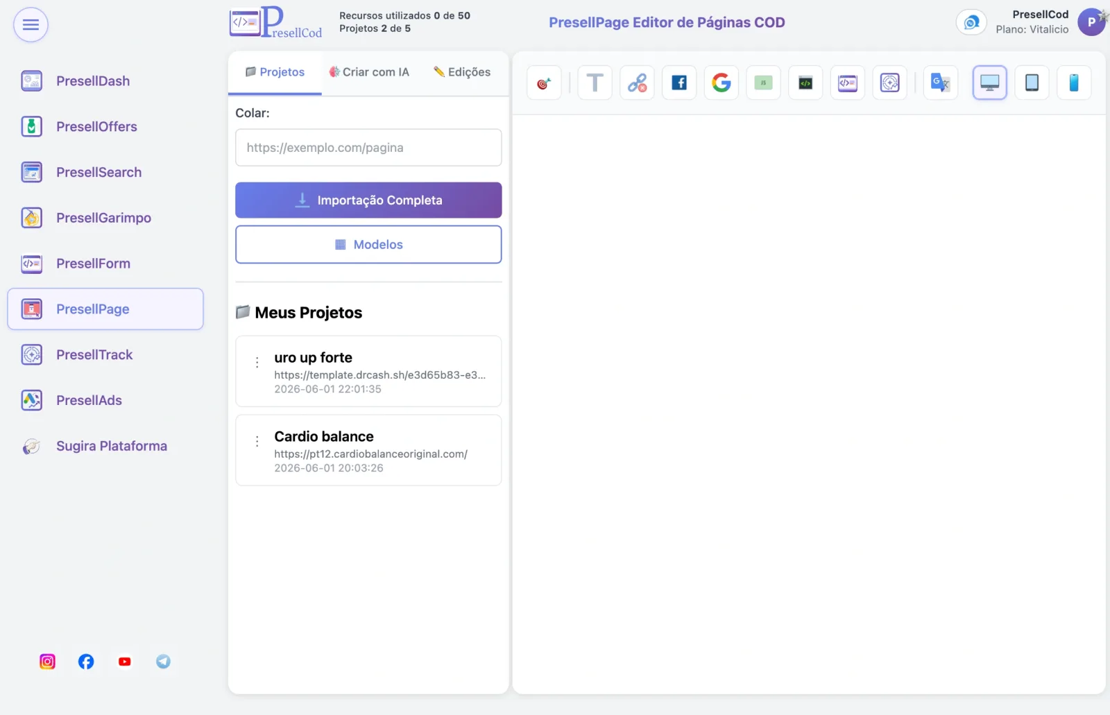Editor PresellPage com importação completa por URL, modelos e criação com IA